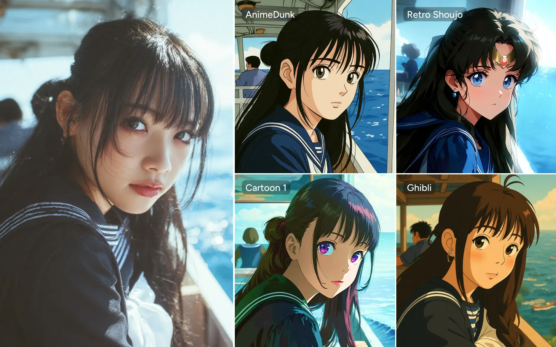 制服を着た女の子の写真を4つのアニメスタイルに変換する